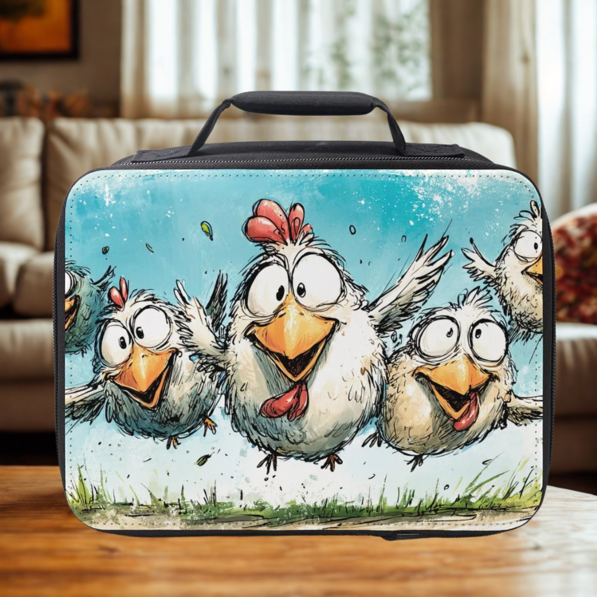  insulated lunch bag with cartoon chicken design on a wooden surface