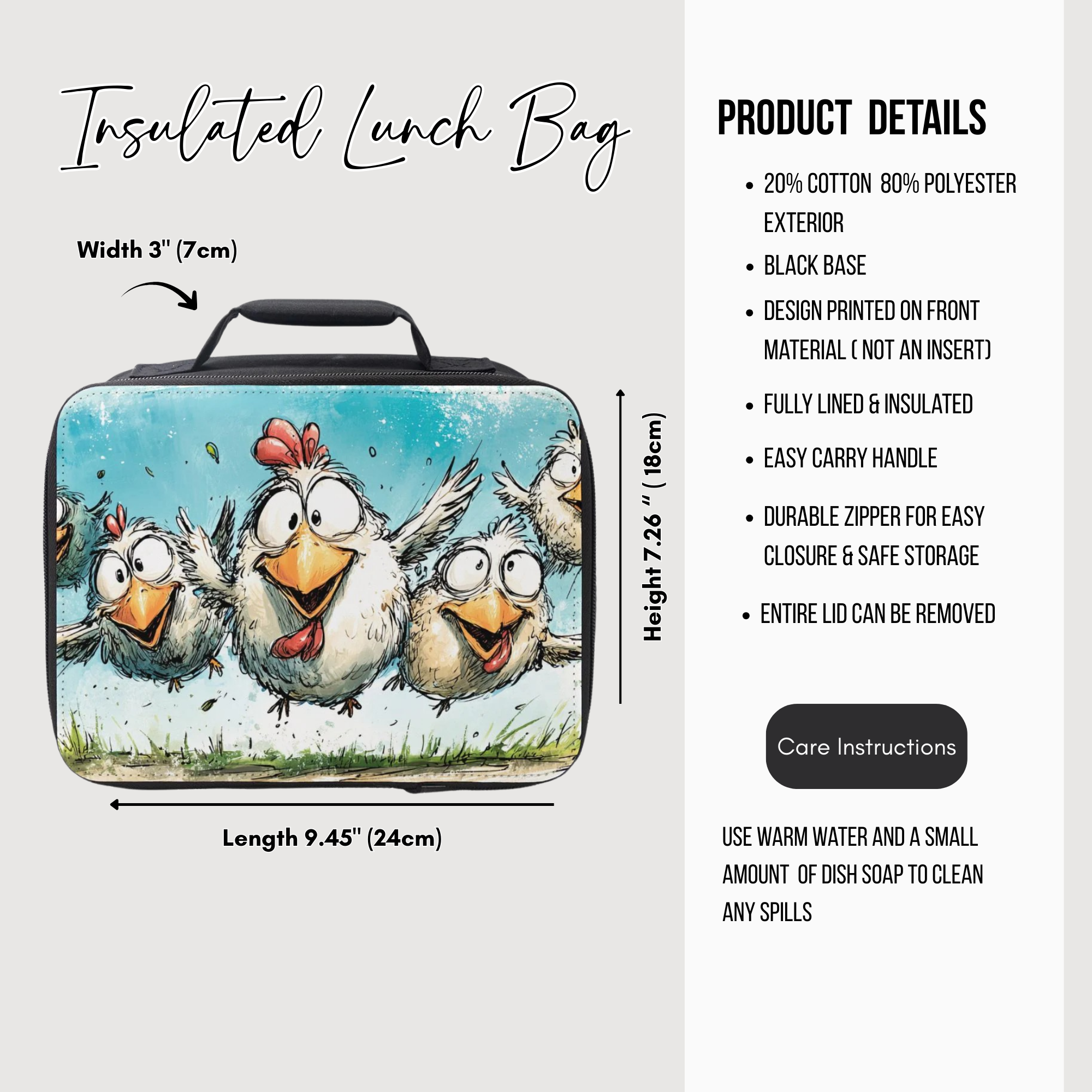 Insulated lunch bag with cartoon chicken design and product details on a white background