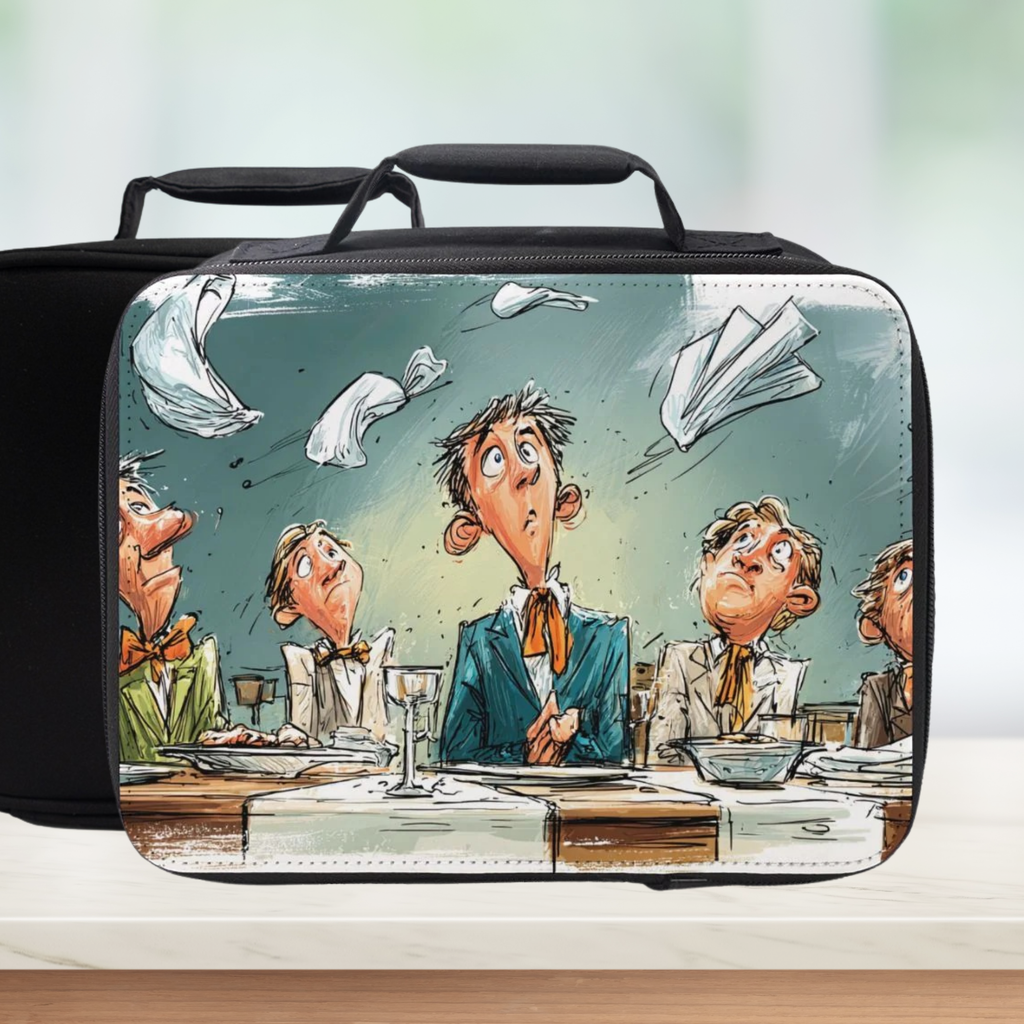 Black lunch bag with a cartoon design of people at a dinner table on a white background
