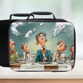 Black lunch bag with a cartoon design of people at a dinner table on a white background