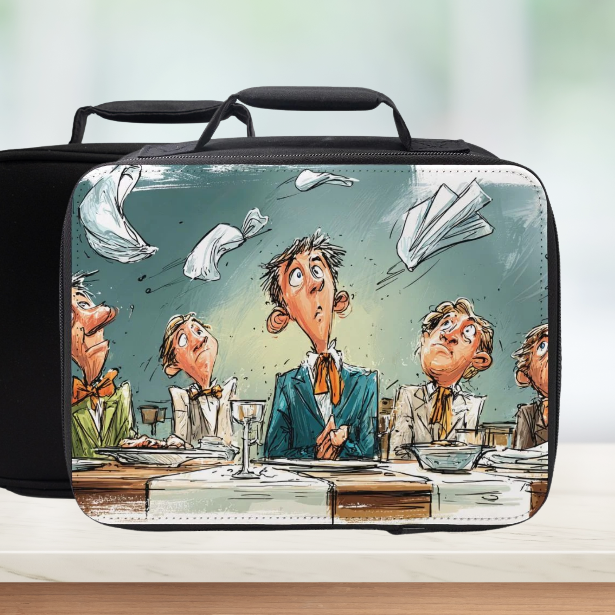 Black lunch bag with a cartoon design of people at a dinner table on a white background