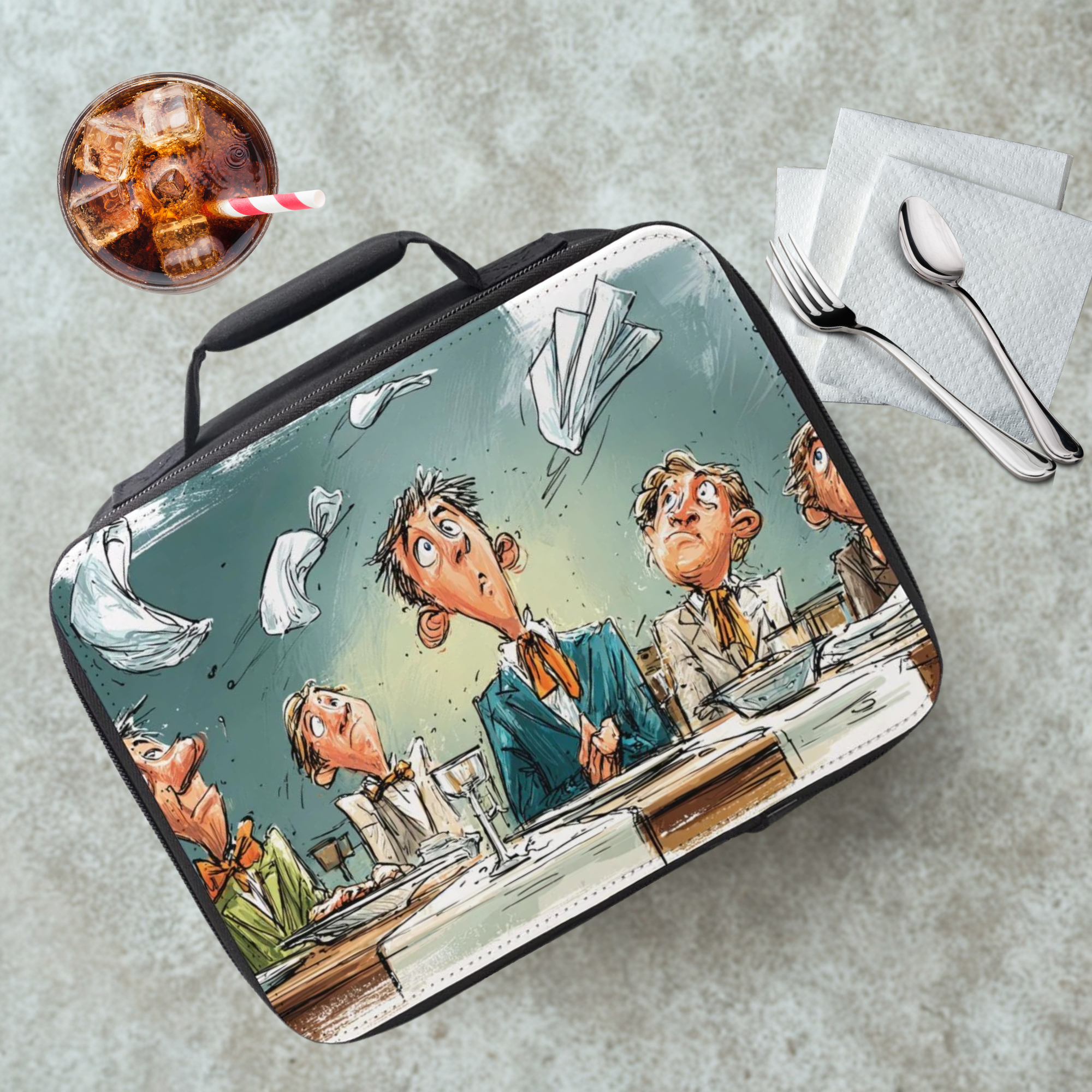 Lunch bag with cartoon design of people at a table, next to a drink and utensils.