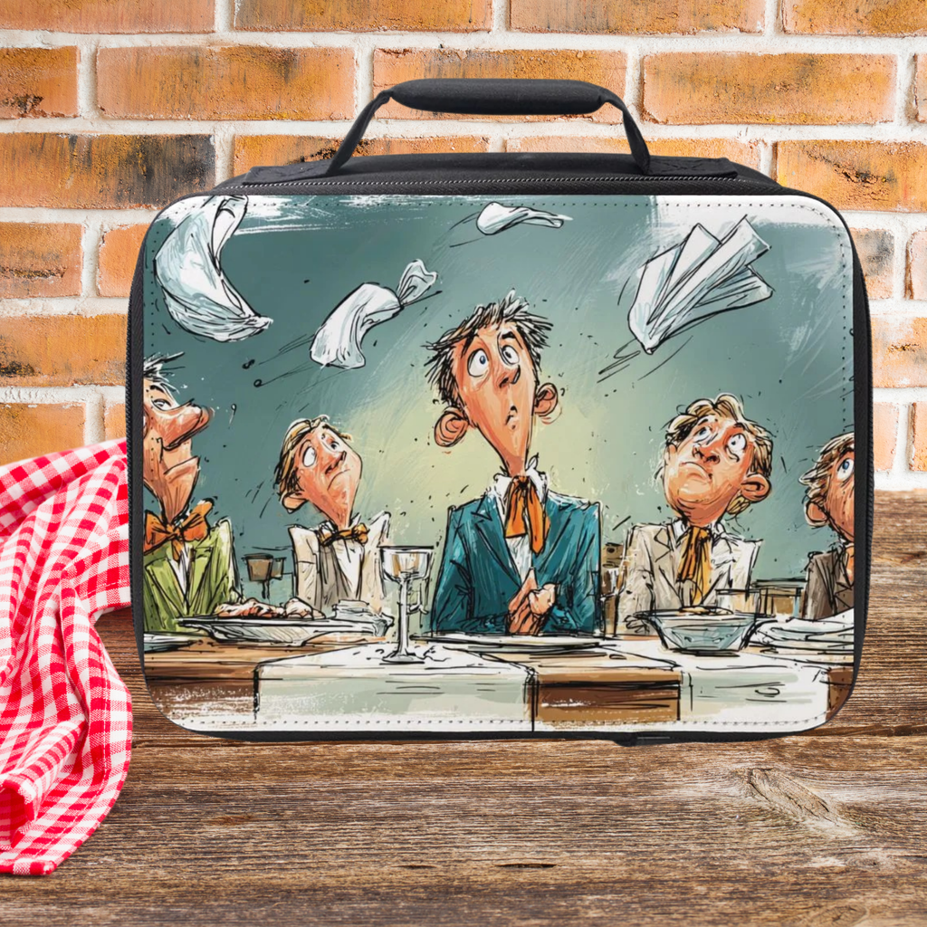 Lunch bag with cartoon design of people at a table against a brick wall background