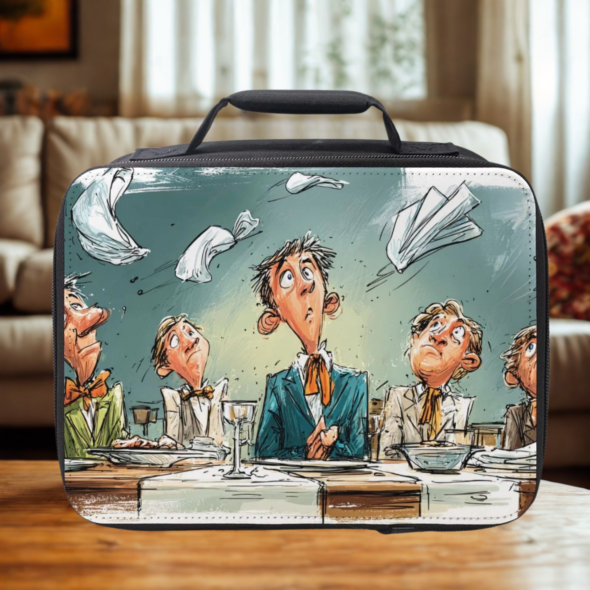 Lunch box with a cartoon design of people at a dinner table on a wooden surface.