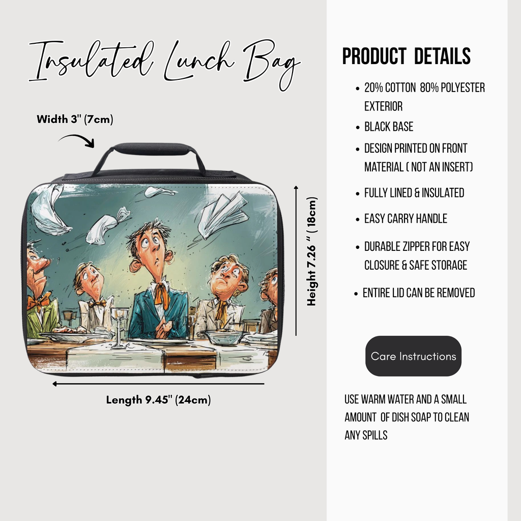 Insulated lunch bag with cartoon design and product details on a white background