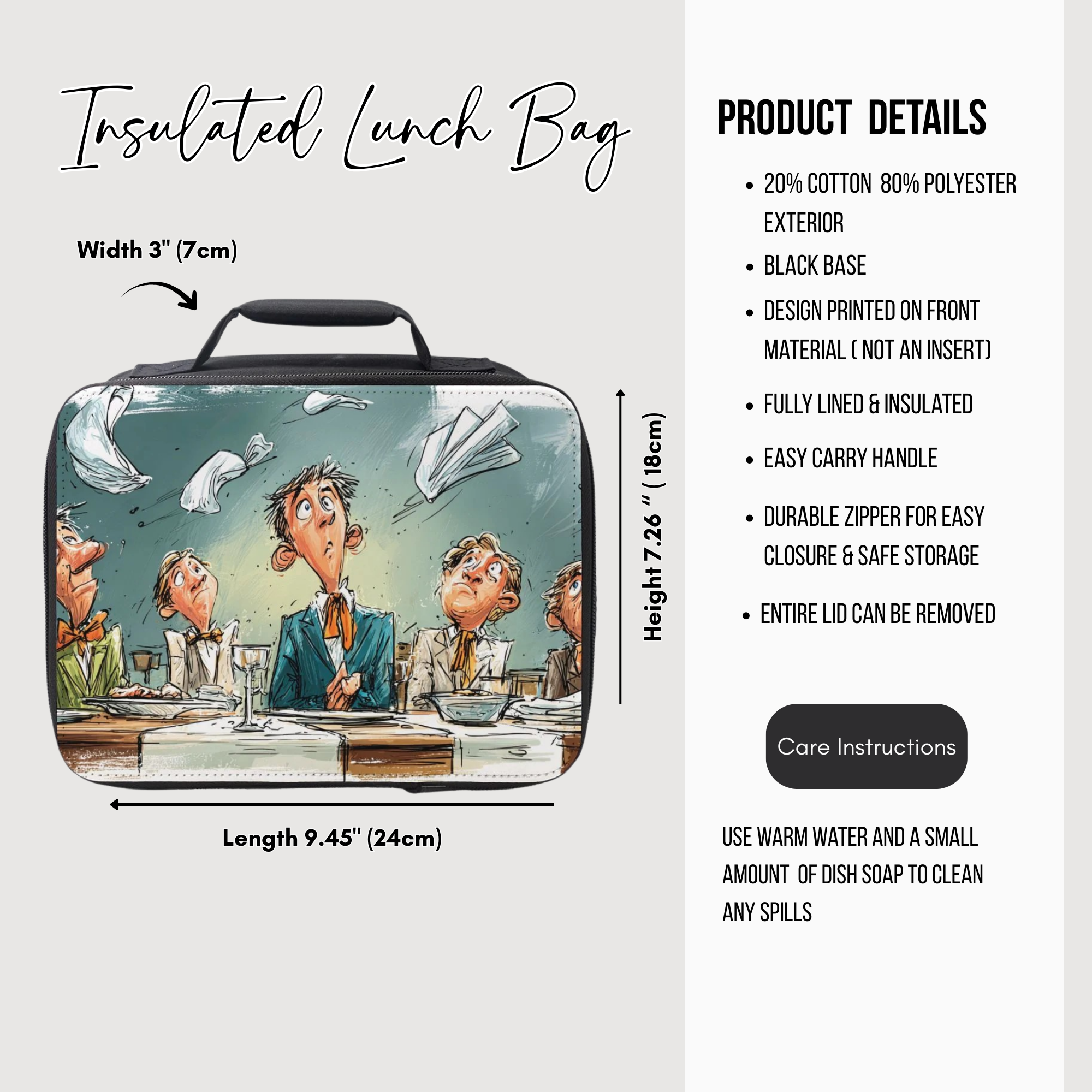 Insulated lunch bag with cartoon design and product details on a white background