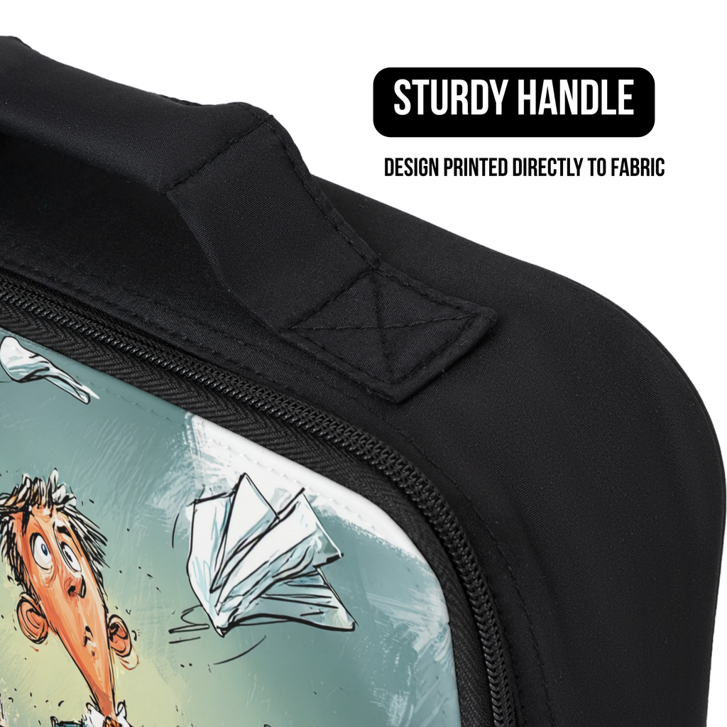 Black bag with a cartoon design of a person looking at a flying napkin, featuring a sturdy handle.