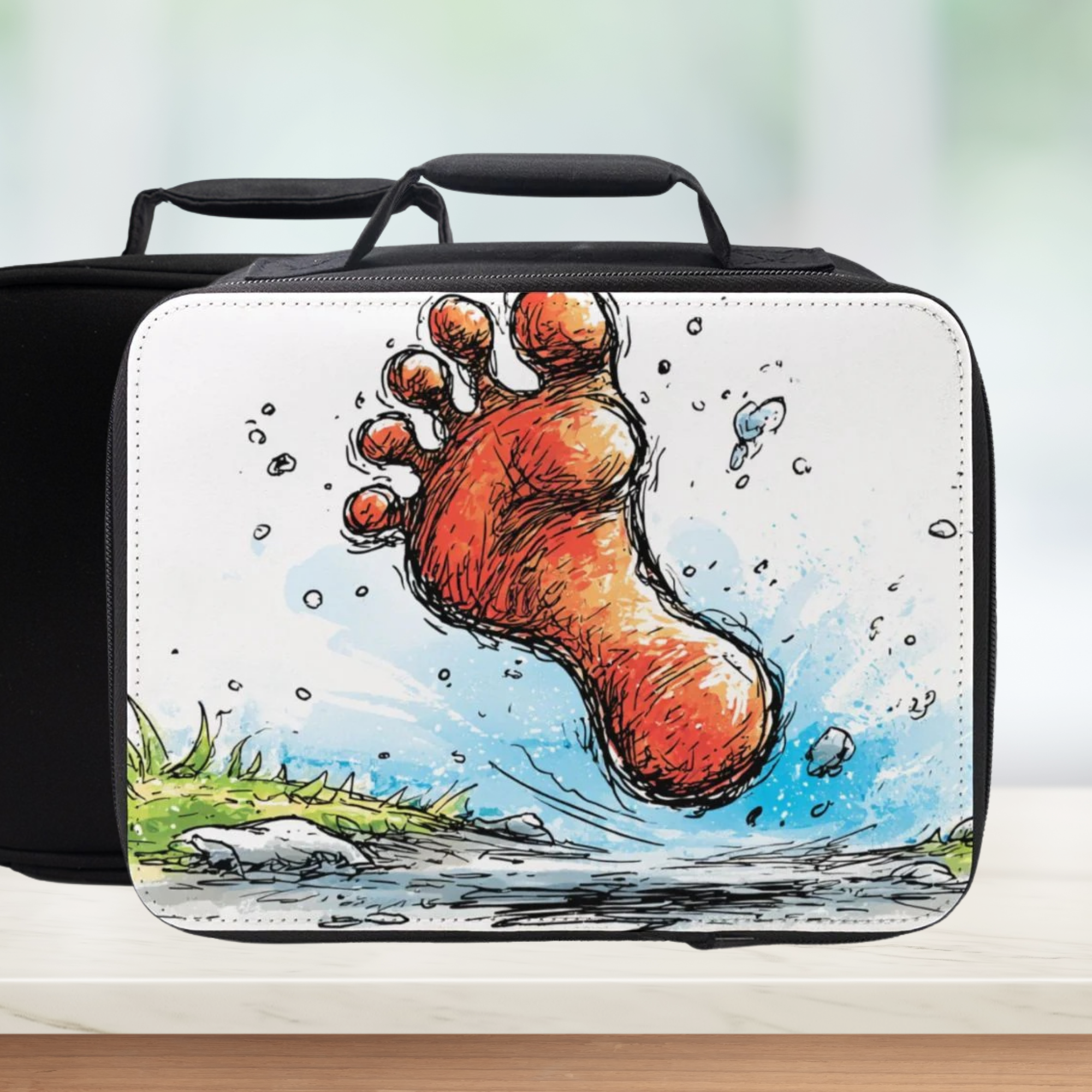  insulated lunch bag with a foot print design on a white background