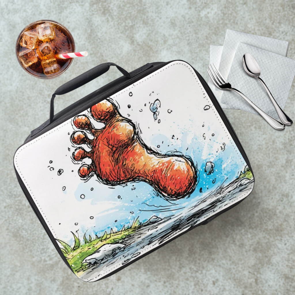 Lunch bag with a foot print design on a cafeteria table with a drink and utensils.