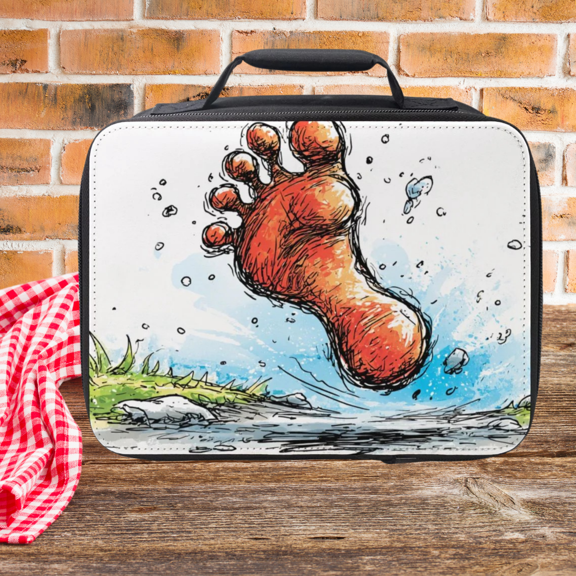 Lunch bag with a footprint design on a wooden picnic table against a brick wall background