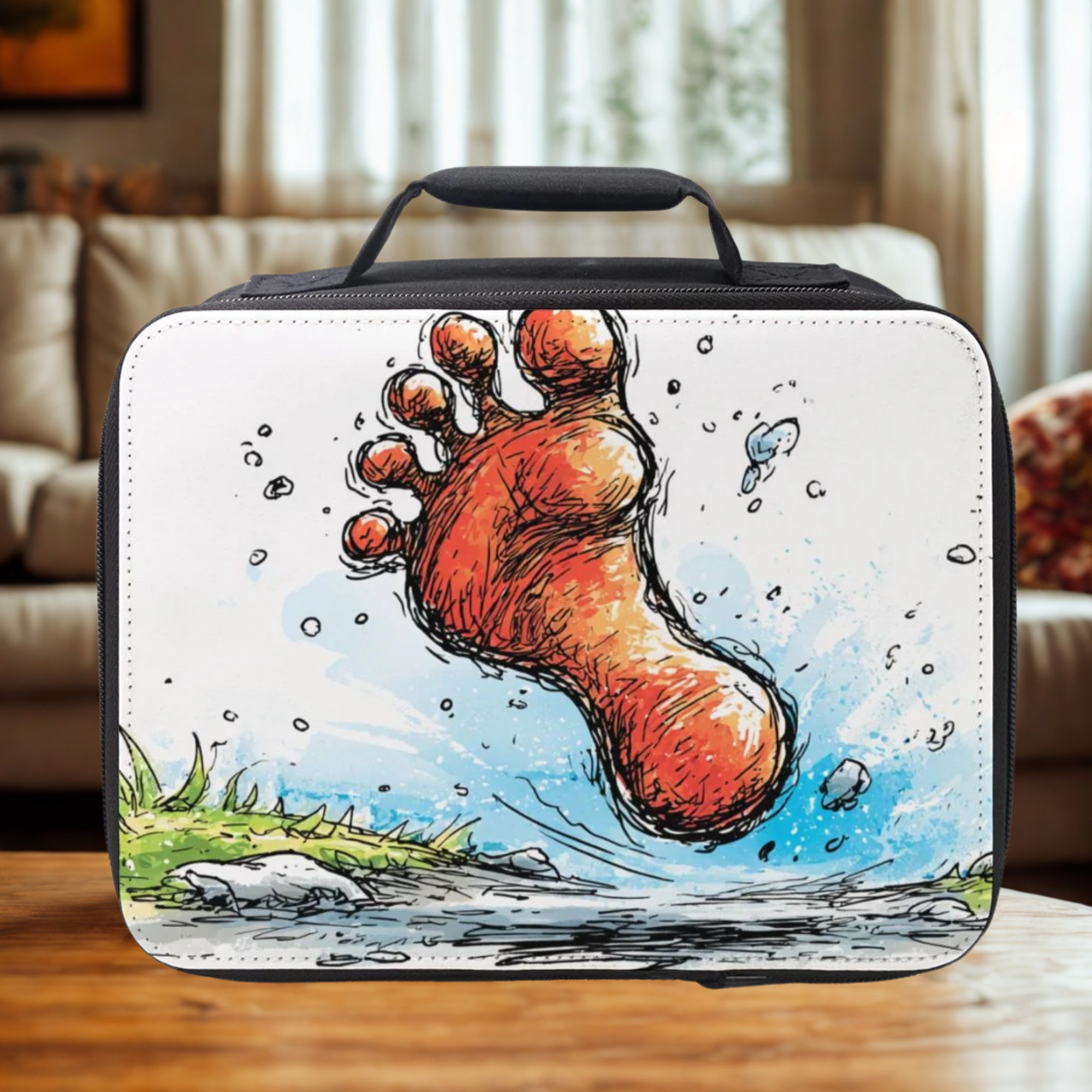  insulated lunch bag with a footstep design on a wooden coffee table in a living room