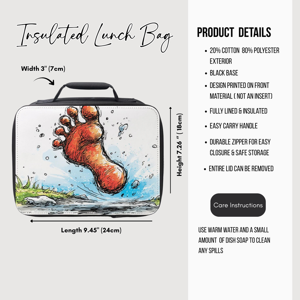 Insulated lunch bag with a foot design, featuring product details on a white background.