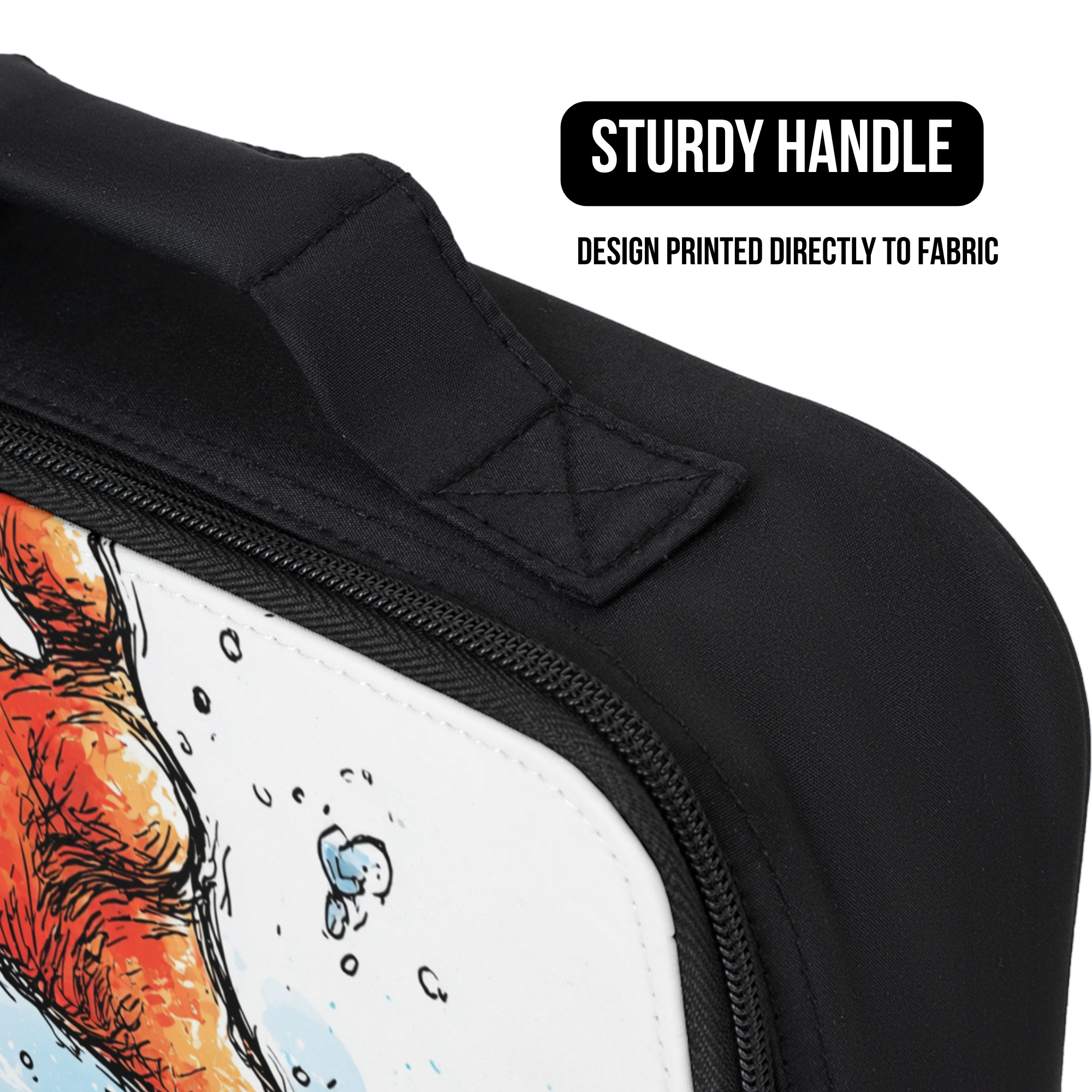 Black lunch bag with a colorful design on a white background, featuring text about a sturdy handle and printed design.