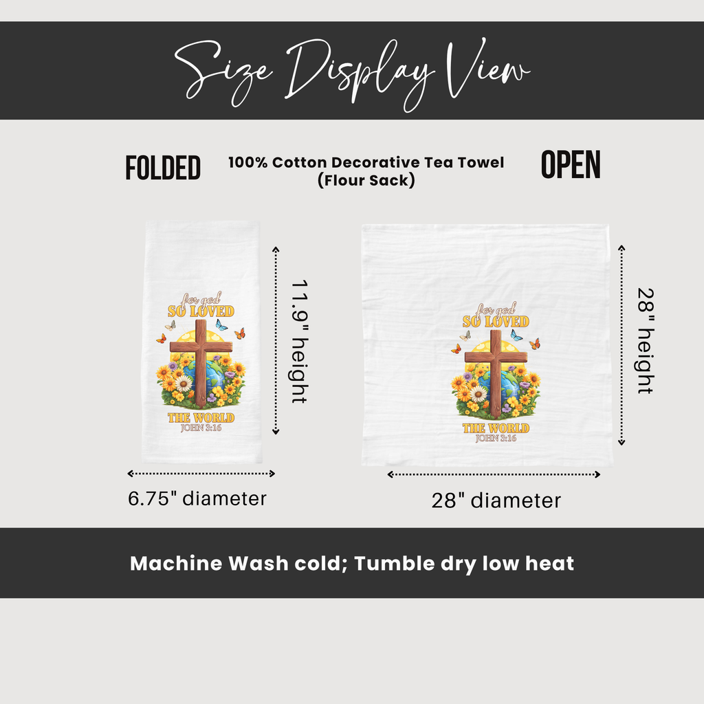 Size display view of a decorative tea towel with cross and flowers design, showing folded and open dimensions.