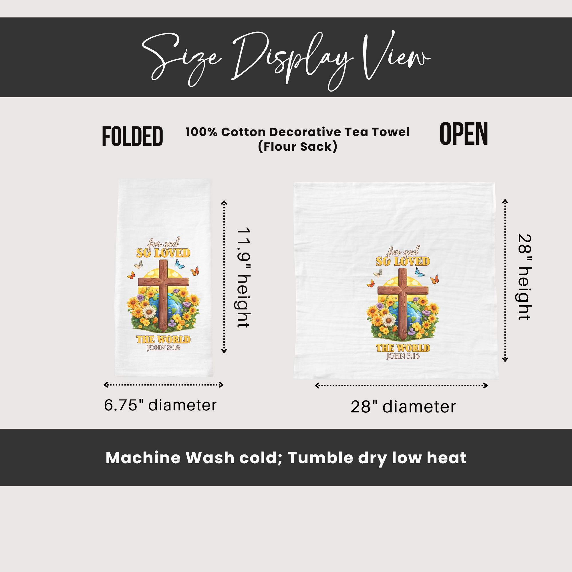 Size display view of a decorative tea towel with cross and flowers design, showing folded and open dimensions.