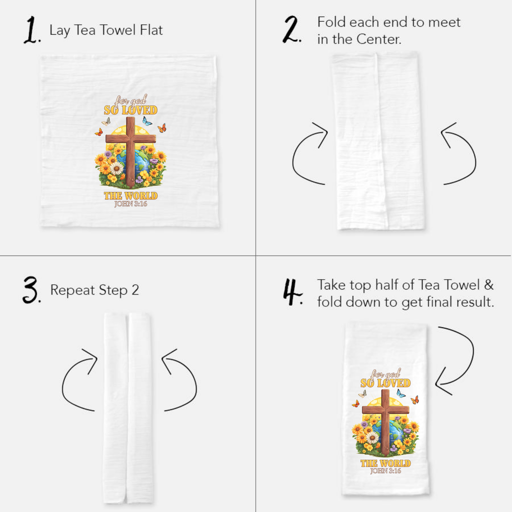Instructions for folding a tea towel with a cross and floral design.