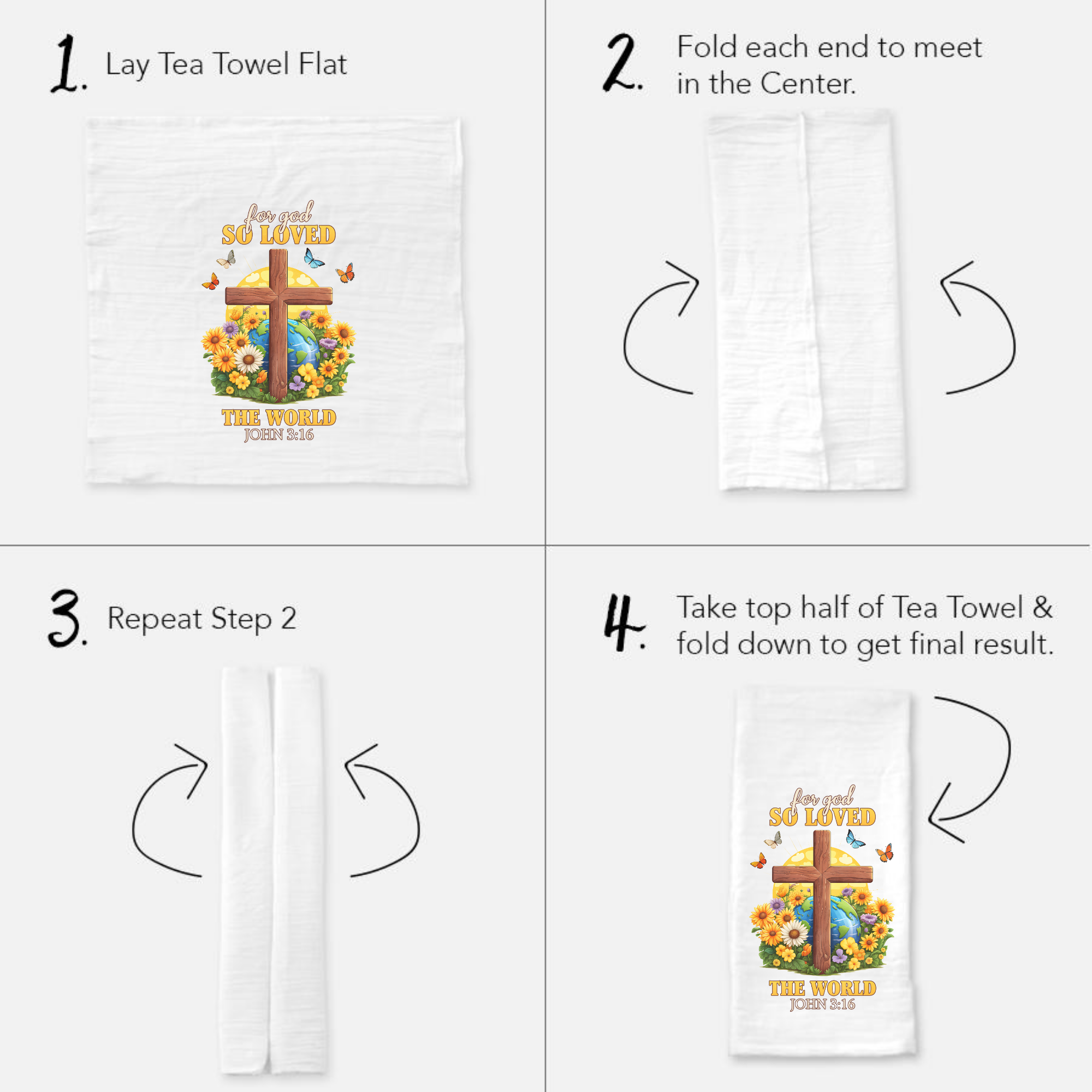 Instructions for folding a tea towel with a cross and floral design.