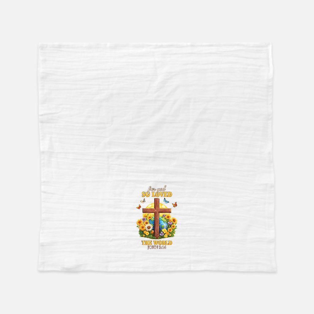 White tea towel with colorful graphic design on a white background