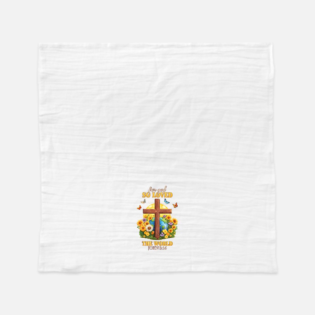 White tea towel with colorful graphic design on a white background