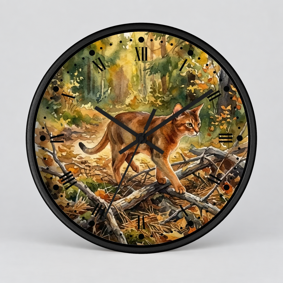 Forest Abyssinian Cat Wall Clock — Watercolor Woodland Kitty Decor