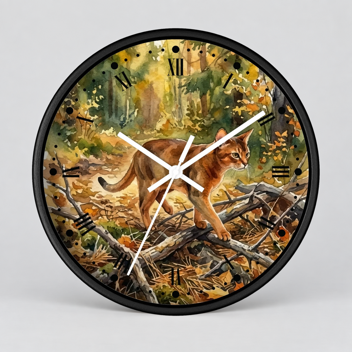 Forest Abyssinian Cat Wall Clock — Watercolor Woodland Kitty Decor
