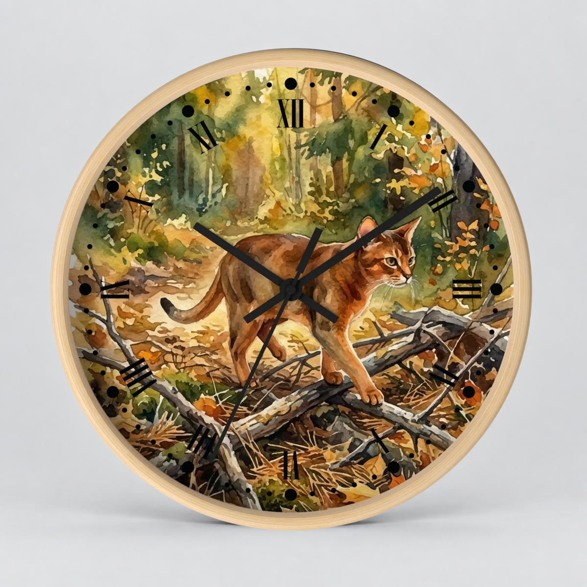 Forest Abyssinian Cat Wall Clock — Watercolor Woodland Kitty Decor