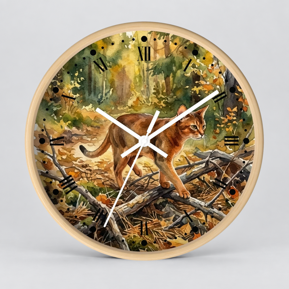 Forest Abyssinian Cat Wall Clock — Watercolor Woodland Kitty Decor