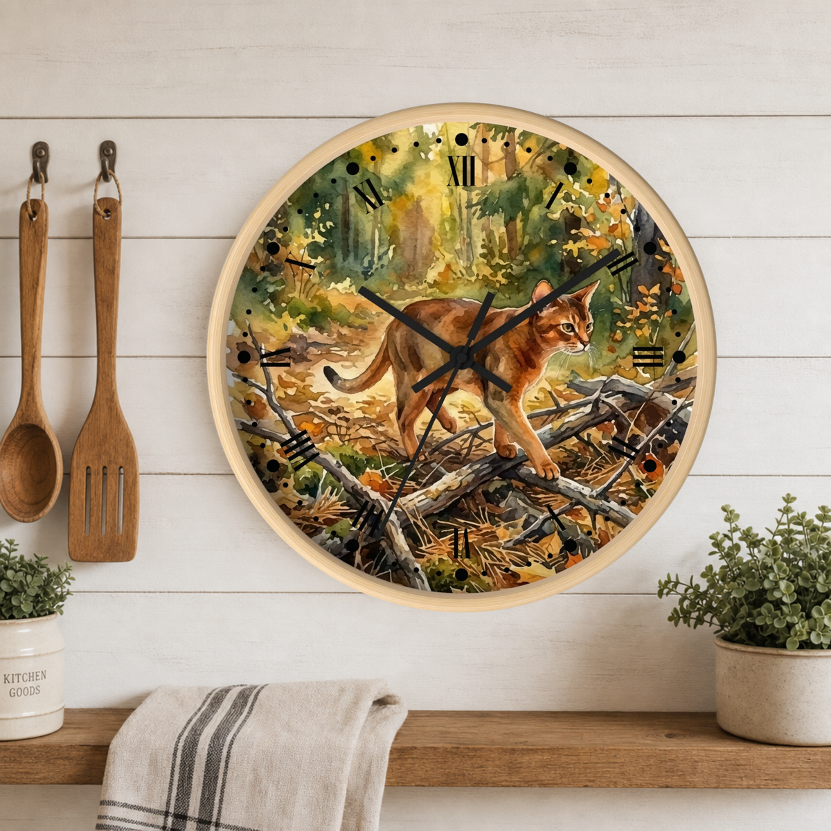 Forest Abyssinian Cat Wall Clock — Watercolor Woodland Kitty Decor