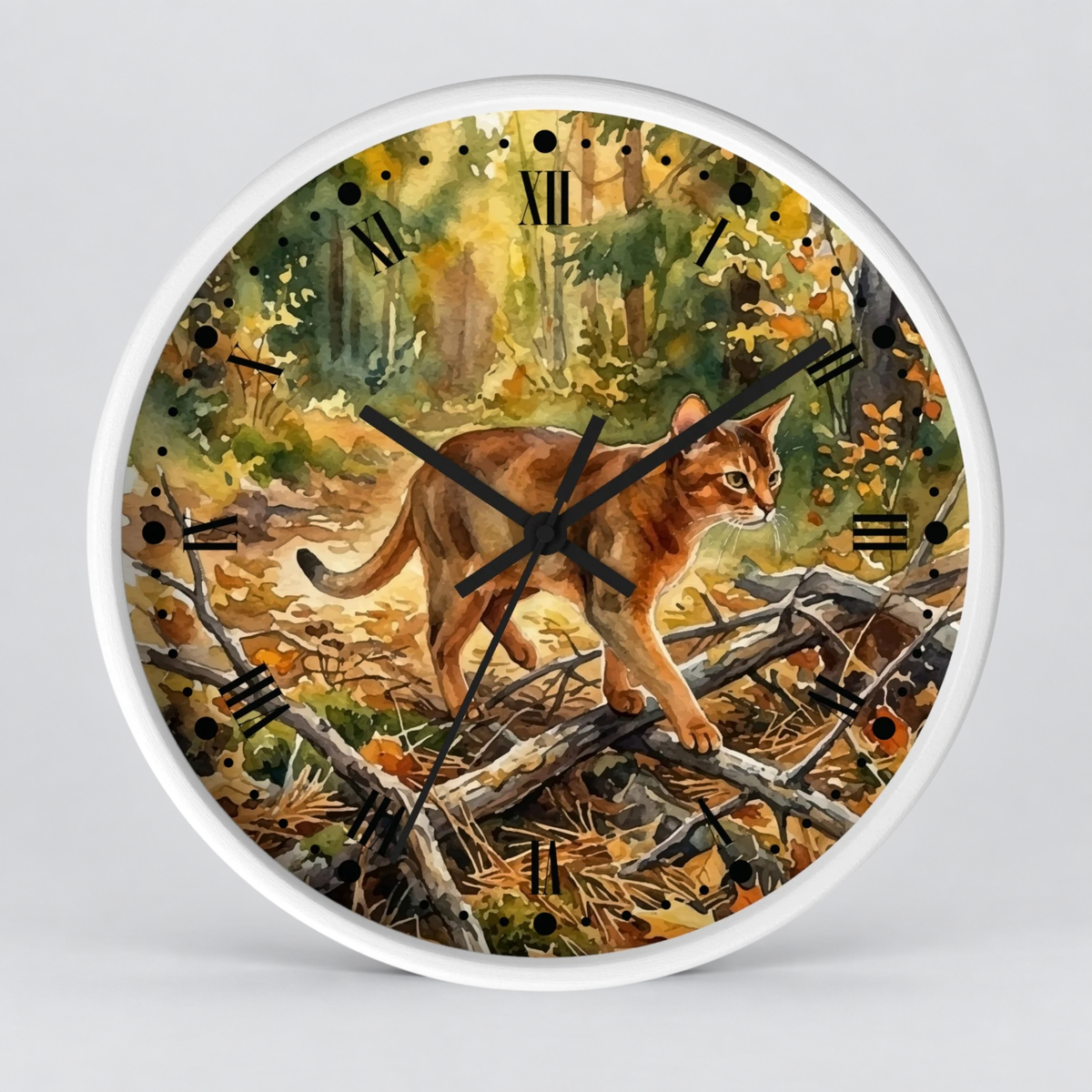 Forest Abyssinian Cat Wall Clock — Watercolor Woodland Kitty Decor