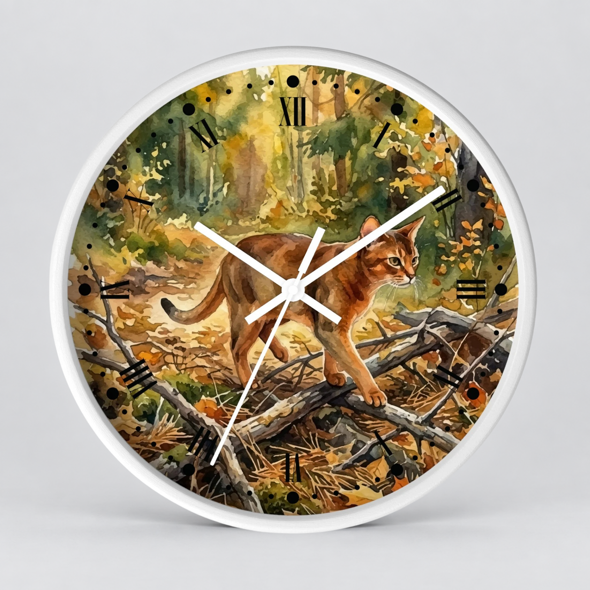 Forest Abyssinian Cat Wall Clock — Watercolor Woodland Kitty Decor
