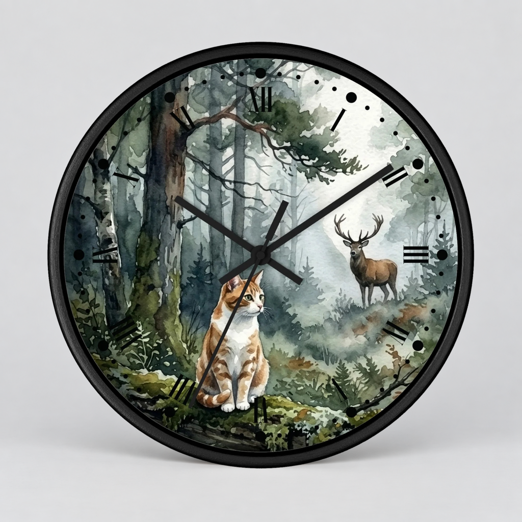 Forest Ginger Cat and Deer Woodland Wall Clock