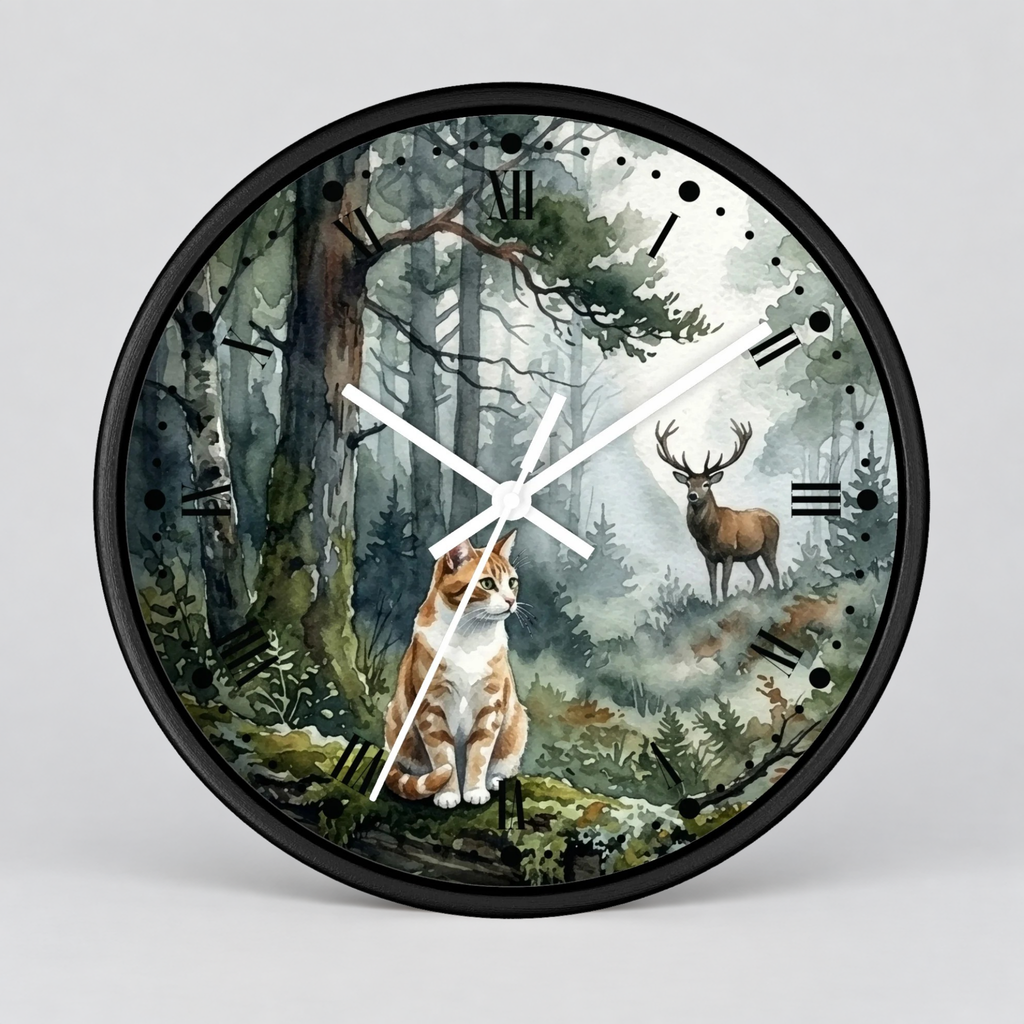 Forest Ginger Cat and Deer Woodland Wall Clock