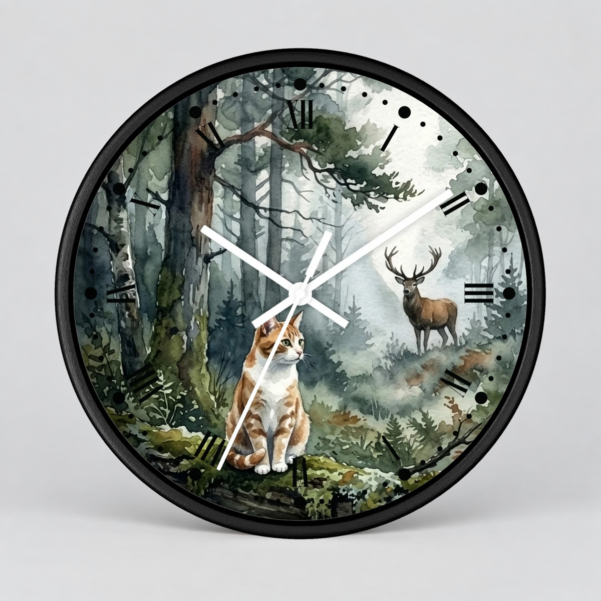 Forest Ginger Cat and Deer Woodland Wall Clock