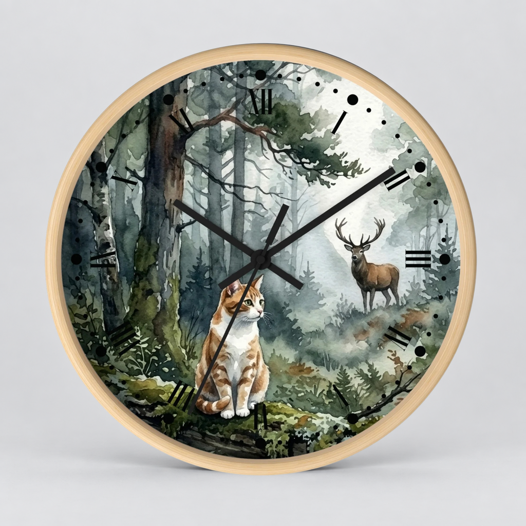 Forest Ginger Cat and Deer Woodland Wall Clock