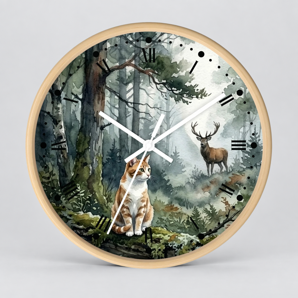 Forest Ginger Cat and Deer Woodland Wall Clock