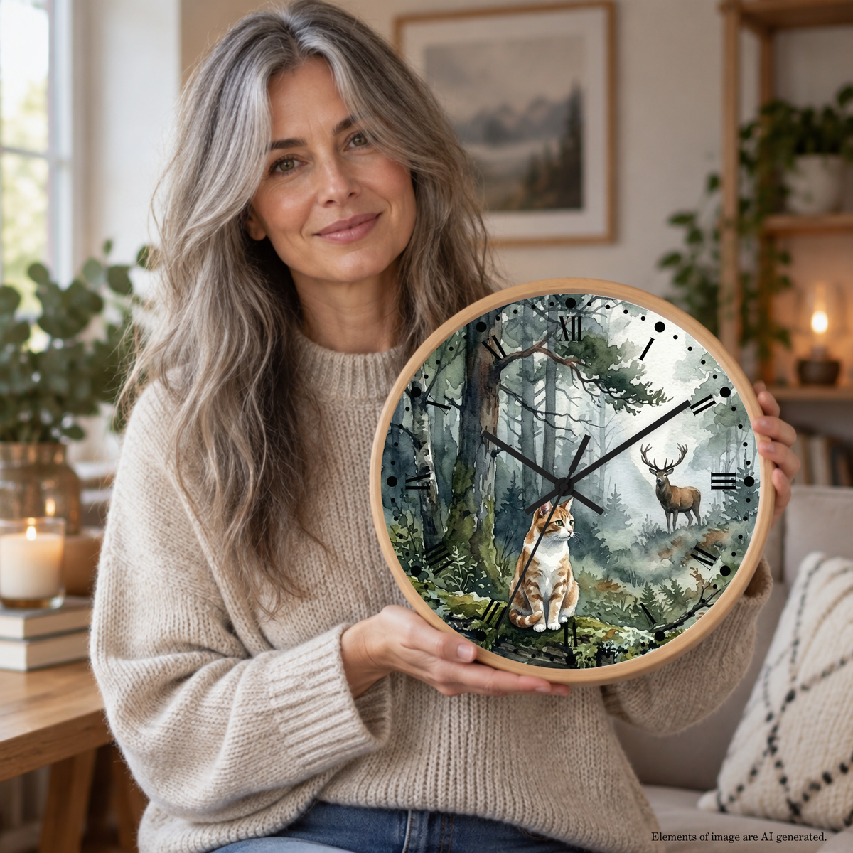 A woman with long gray hair holds a round wall clock in a cozy, sunlit room. The clock features a light wood frame and a printed forest scene with a cat and a deer.