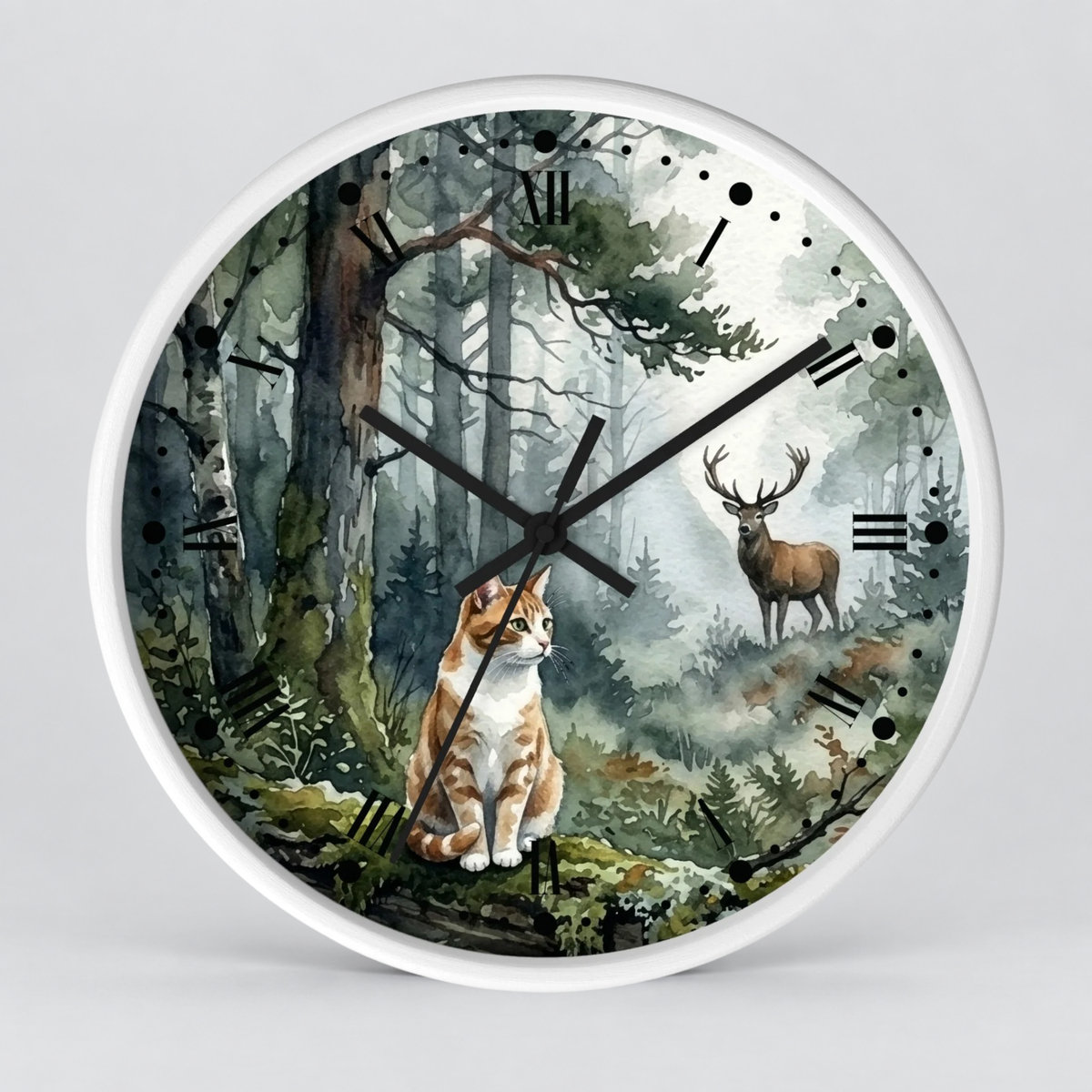 Forest Ginger Cat and Deer Woodland Wall Clock