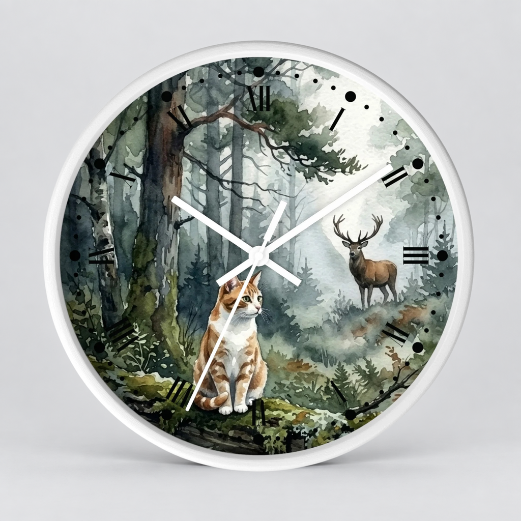 Forest Ginger Cat and Deer Woodland Wall Clock