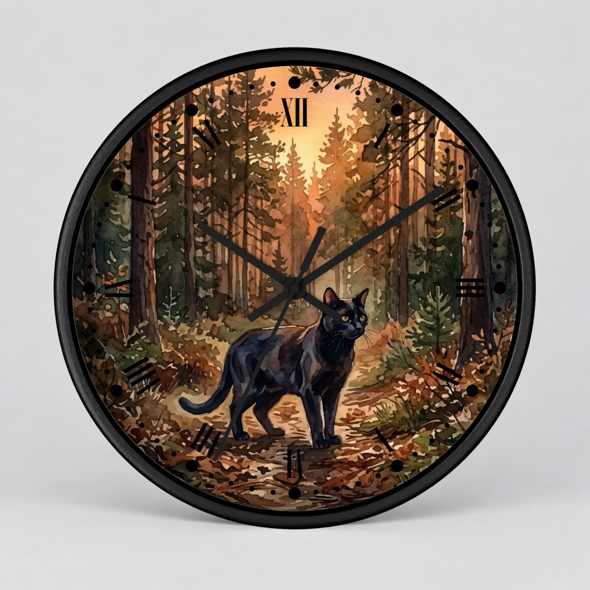 Black Cat Sunset Forest Wall Clock — Autumn Woodland Decor