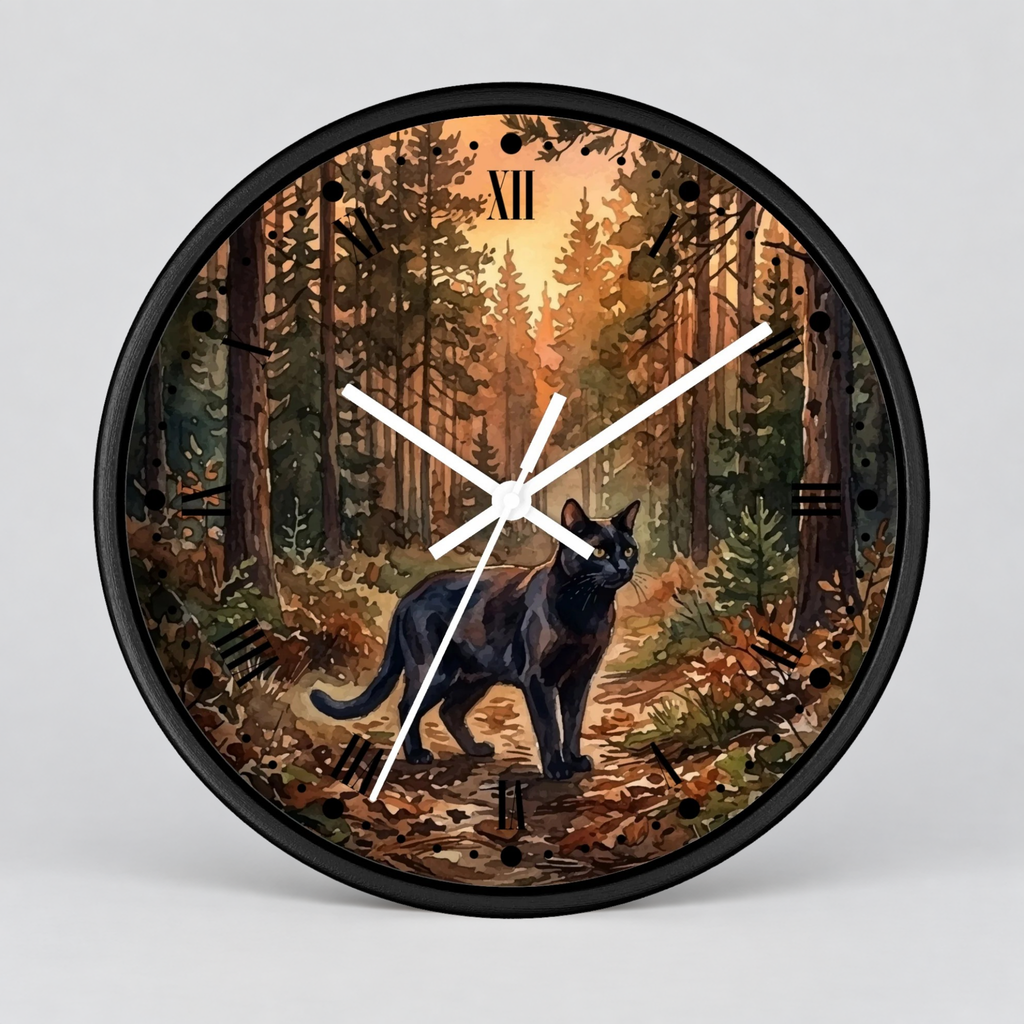 Black Cat Sunset Forest Wall Clock — Autumn Woodland Decor