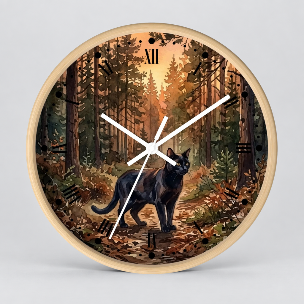 Black Cat Sunset Forest Wall Clock — Autumn Woodland Decor