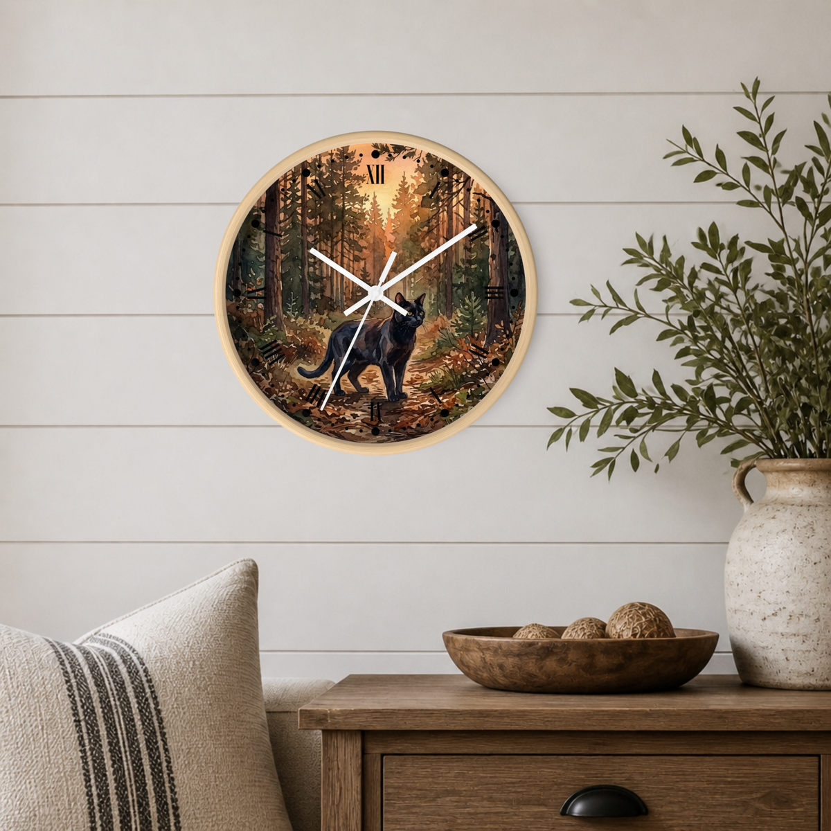 Black Cat Sunset Forest Wall Clock — Autumn Woodland Decor