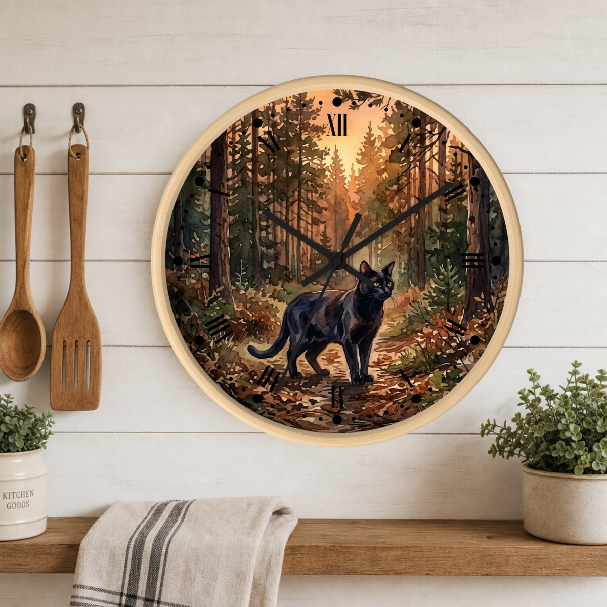 Black Cat Sunset Forest Wall Clock — Autumn Woodland Decor