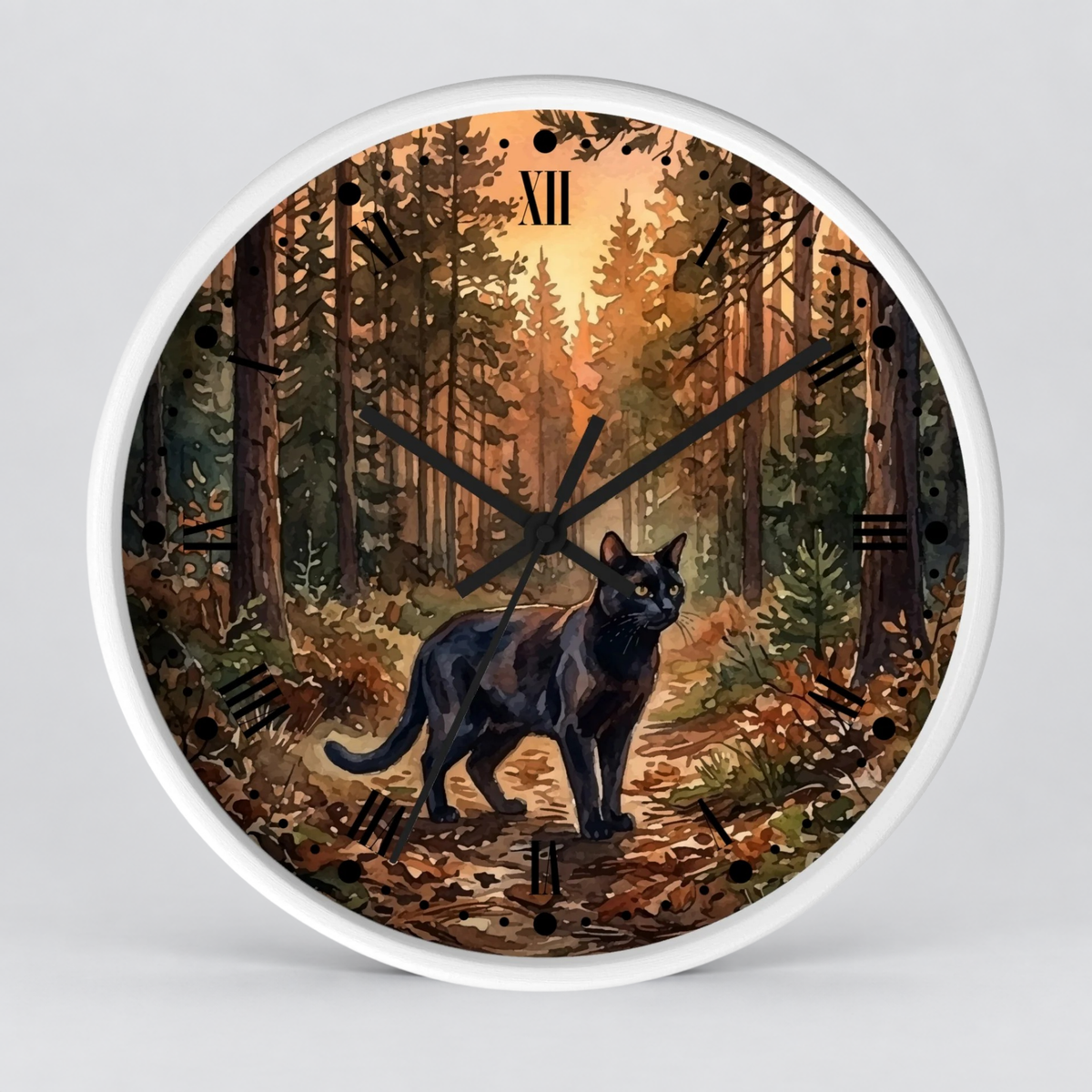 Black Cat Sunset Forest Wall Clock — Autumn Woodland Decor