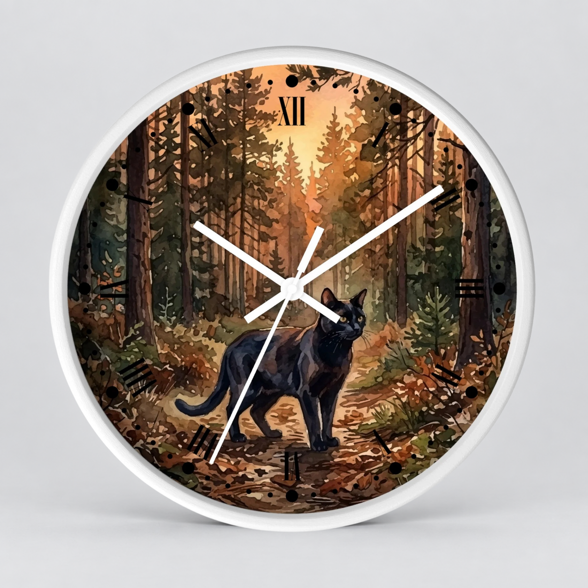 Black Cat Sunset Forest Wall Clock — Autumn Woodland Decor