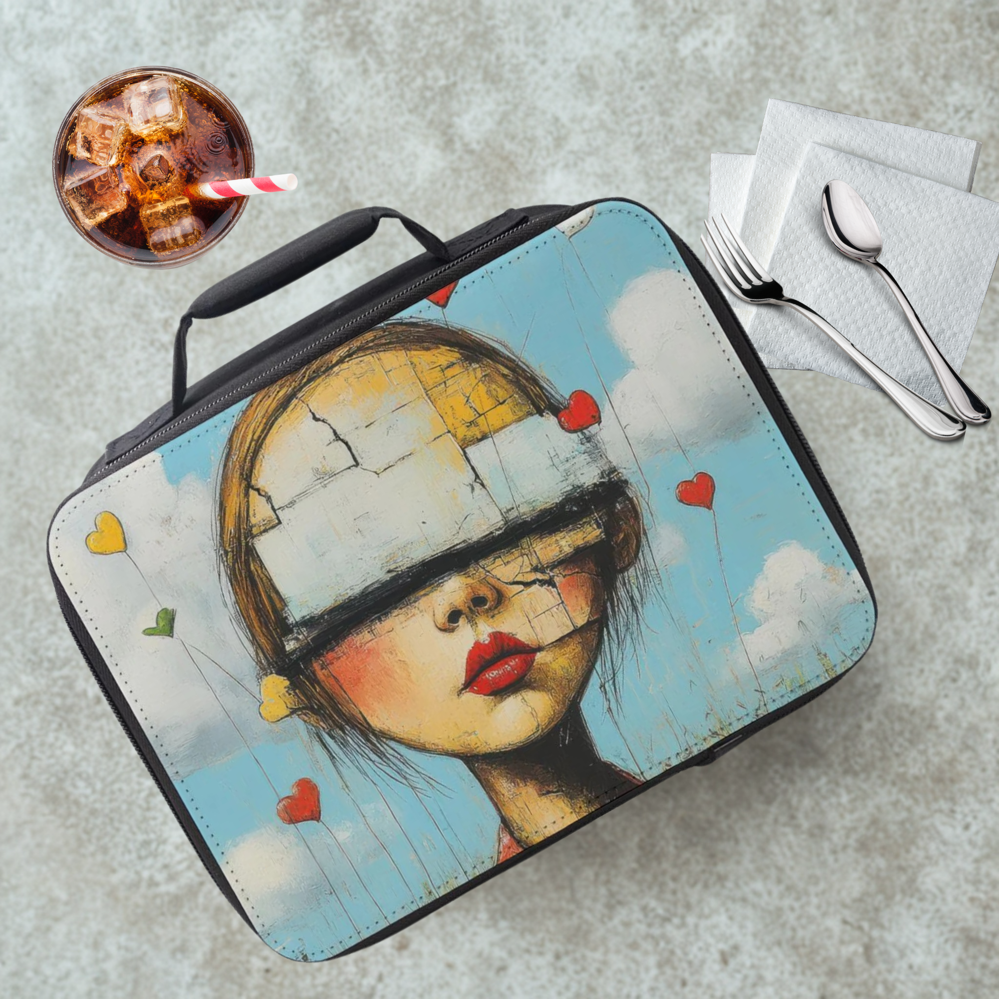 Lunch bag with artistic design of a girl's face on a cafeteria table with a drink and utensils.