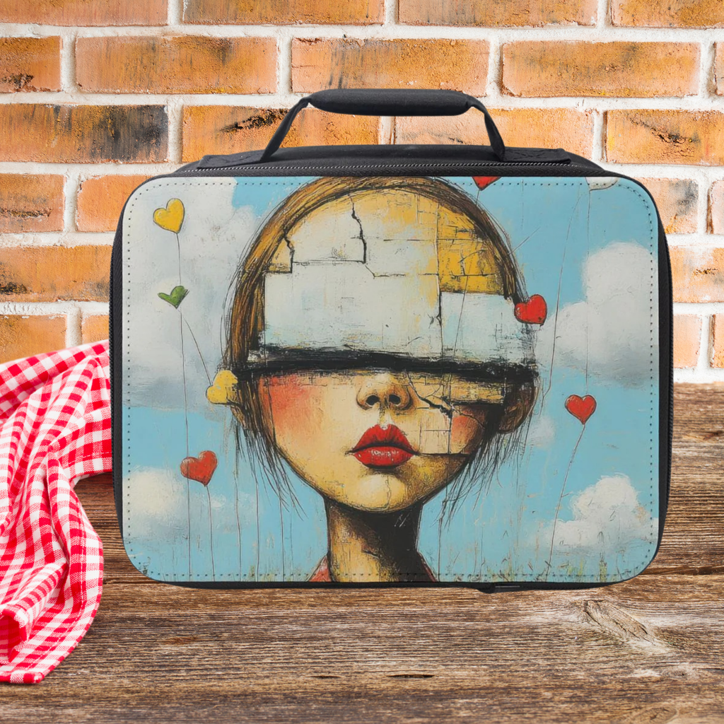 Lunch bag with artistic design of a face on a wooden surface with a brick wall background