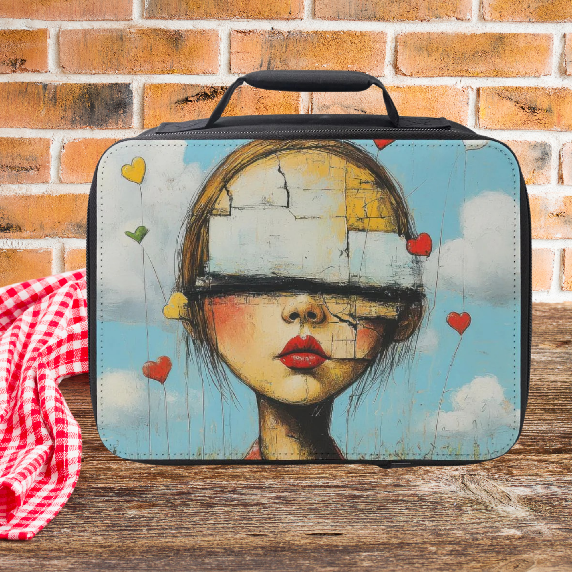 Lunch bag with artistic design of a face on a wooden surface with a brick wall background