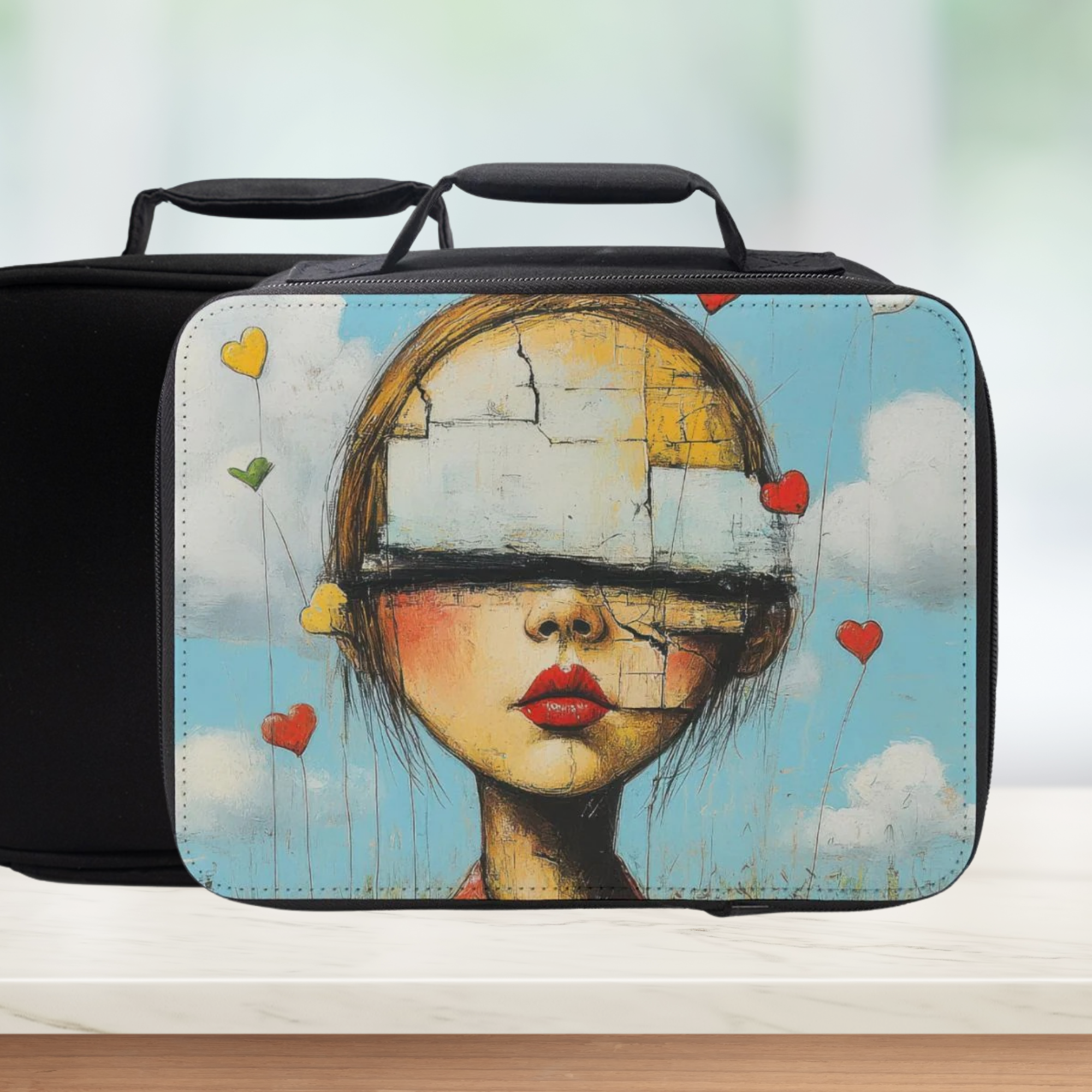Black lunch box with a colorful design of a girl's face on a white surface.