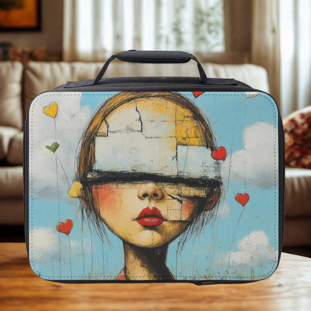  lunch box with artistic design of a face with heart balloons on a table in a living room